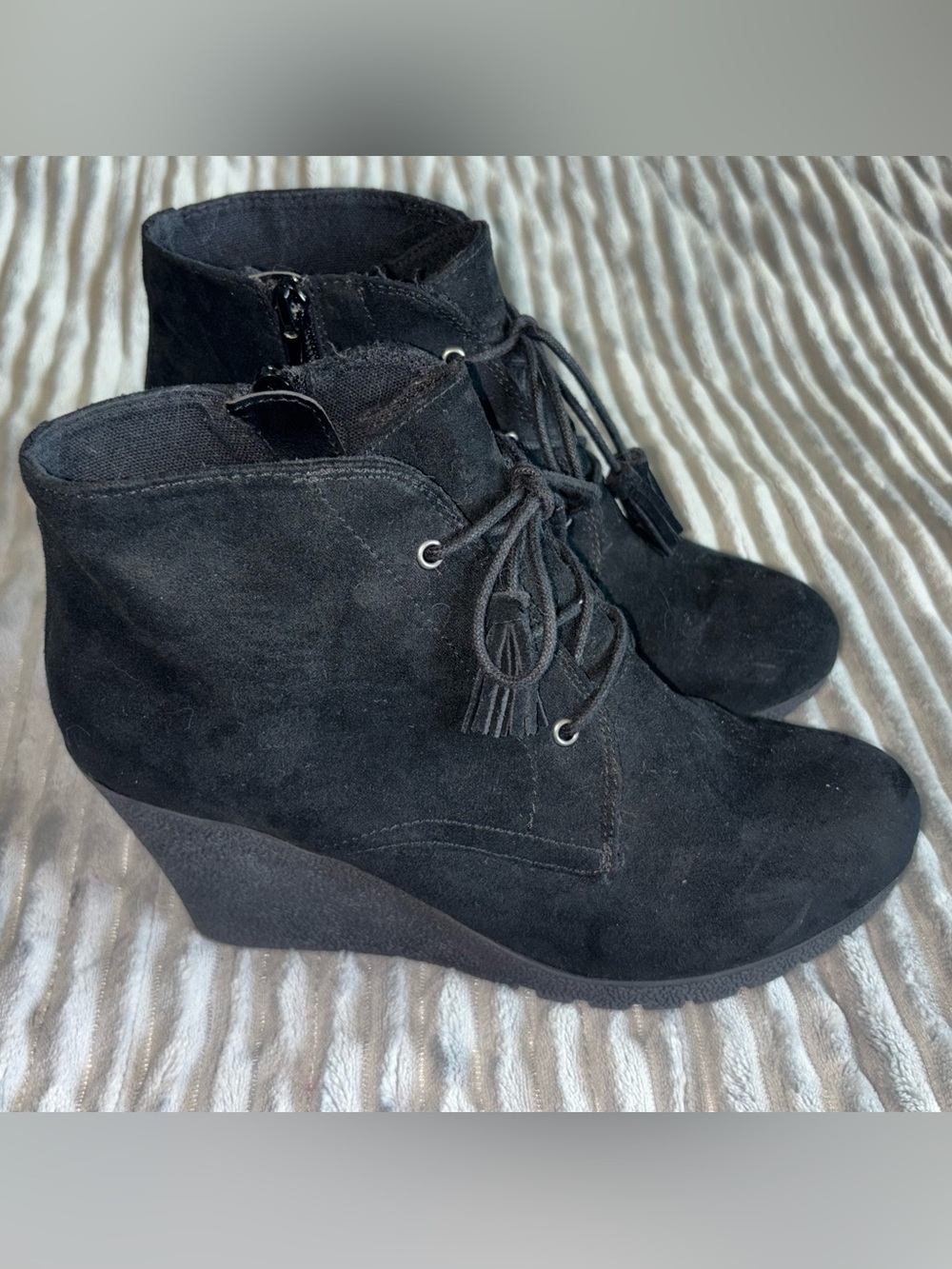 MIA Black Suede Wedge Ankle Boots with Tassel Laces
